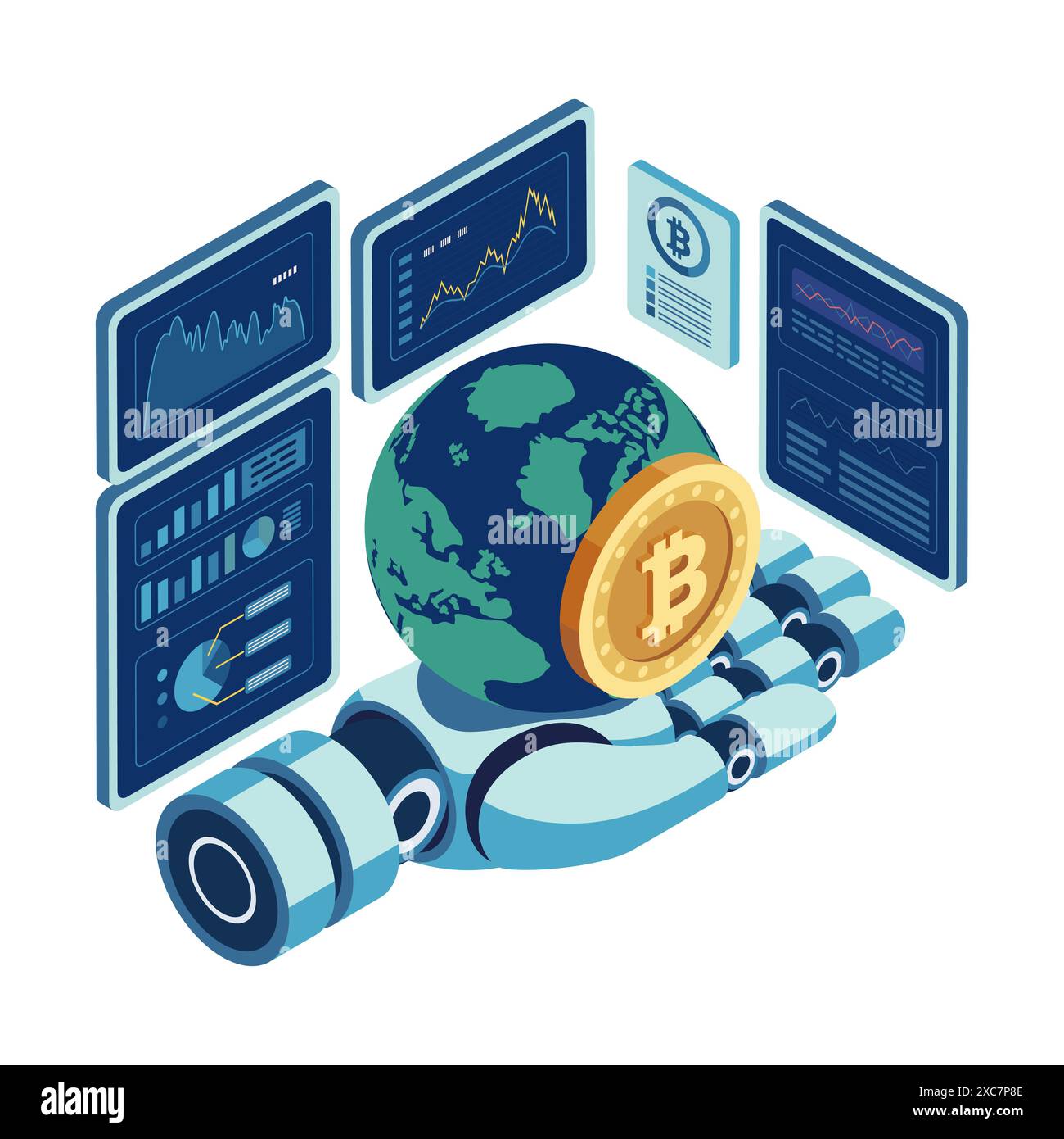 Isometric Robotic Hand Holding World with Bitcoin Surrounded by Digital Financial Chart. Bitcoin and Ai Cryptocurrency Data Analysis Concept Stock Vector