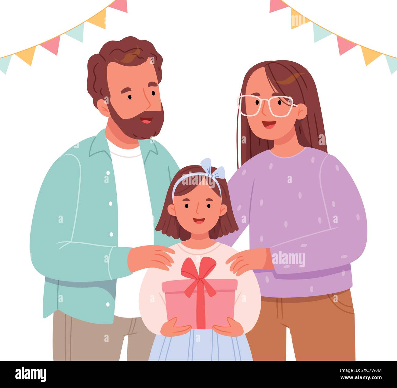 Mom and dad congratulate their daughter on the holiday. The girl is
