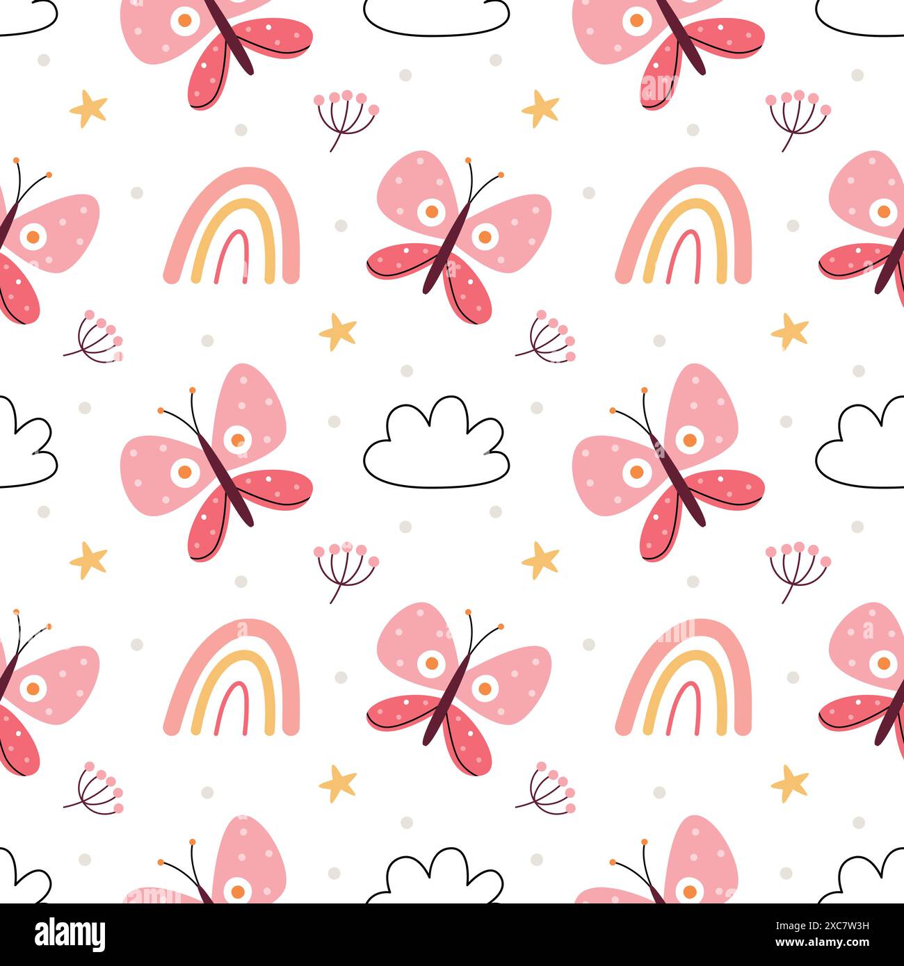 A pattern with butterflies, flowers and clouds on a white background. Stock Vector