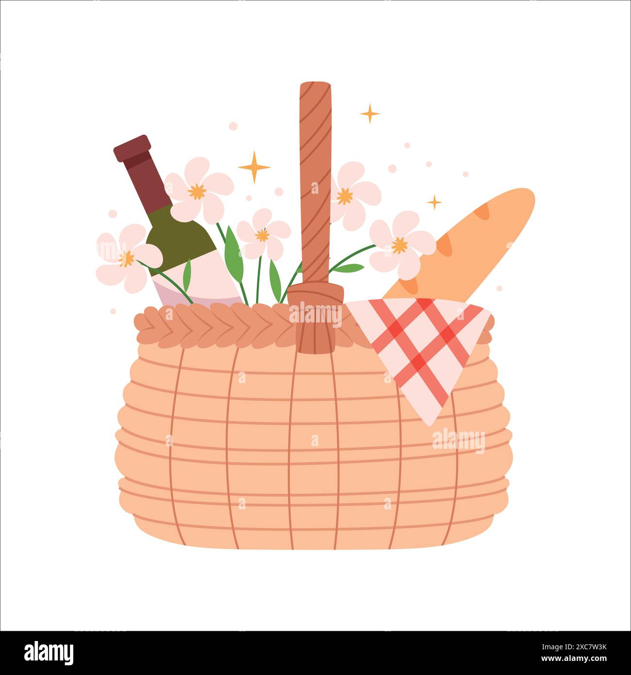 Wicker picnic basket with wine baguette and flowers. Picnic in French ...