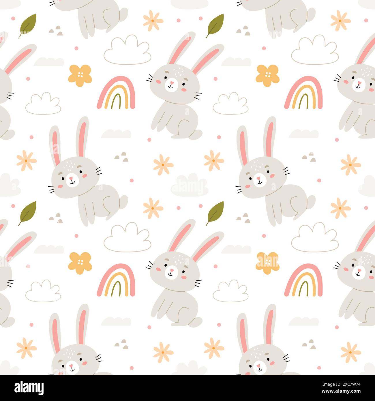 Childrens pattern with rabbits and rainbows in boho style. Stock Vector