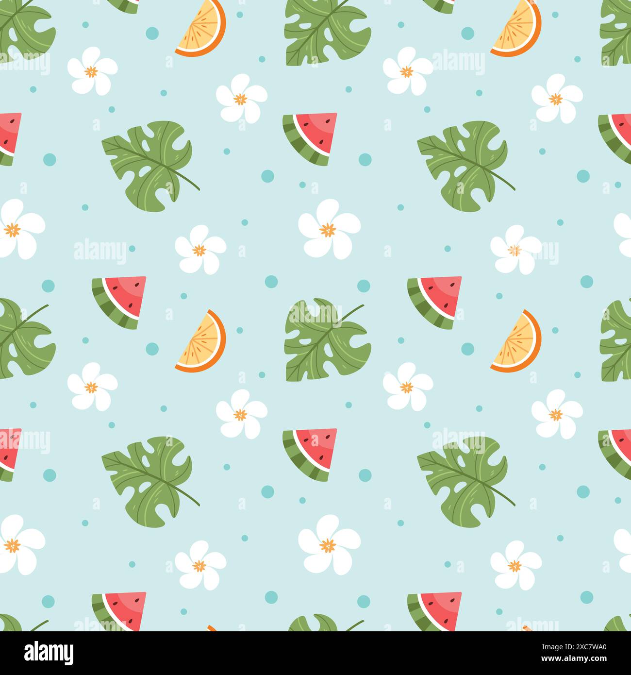 Summer pattern with fruits, flowers and leaves on a blue background. Monstera orange and watermelon. Stock Vector