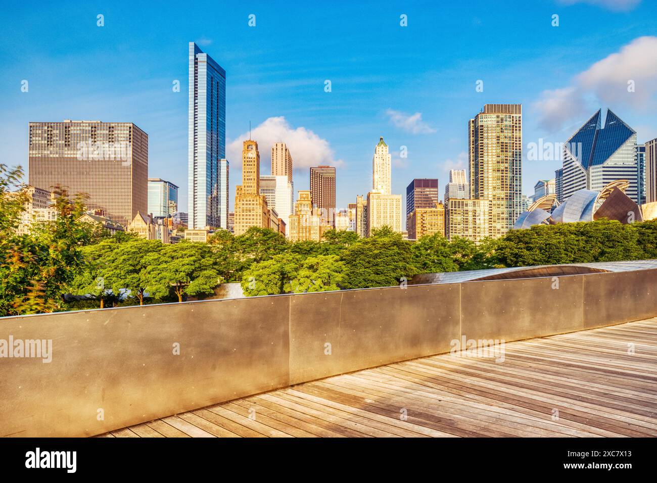 Chicago Skyline at Sunrise from the Wooden Bridge in Millennium Park ...