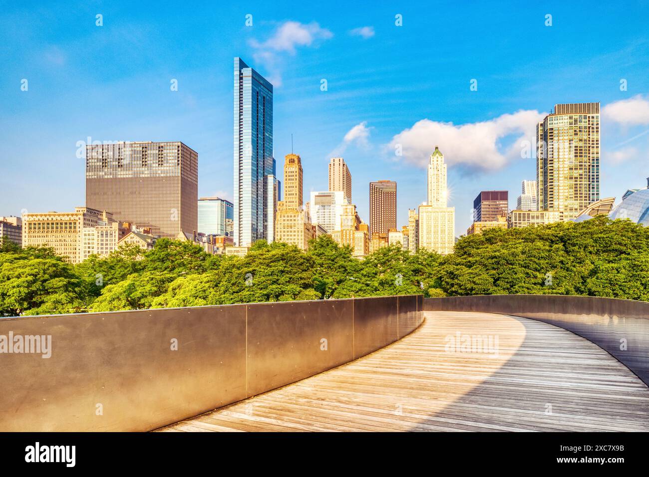 Chicago Skyline at Sunrise from the Wooden Bridge in Millennium Park ...