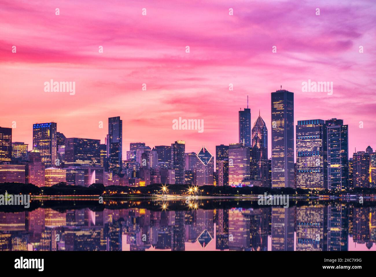 Chicago Skyline at Sunset over the Lake Michigan, Illinois Keywords ...