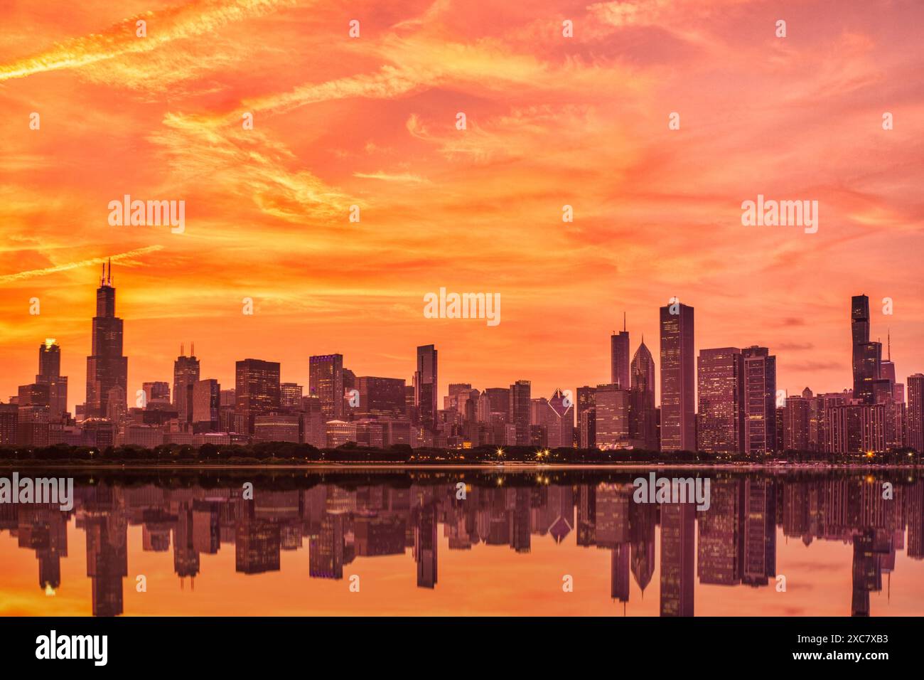 Chicago Skyline at Sunset over the Lake Michigan, Illinois Keywords ...
