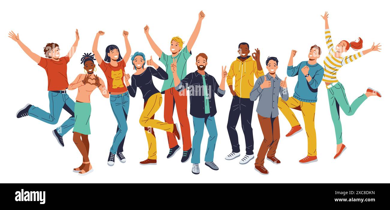 A diverse group of young people joyfully jumping together, smiling and carefree. White background, low angle shot. Perfect for illustrating happiness, Stock Vector
