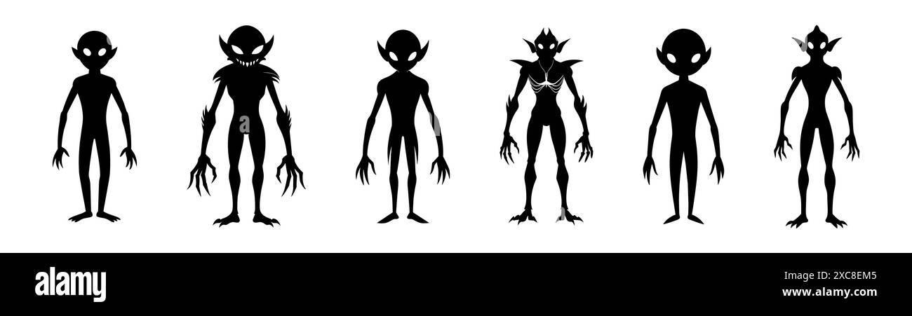 Set of Black silhouettes of an aliens isolated on white background ...