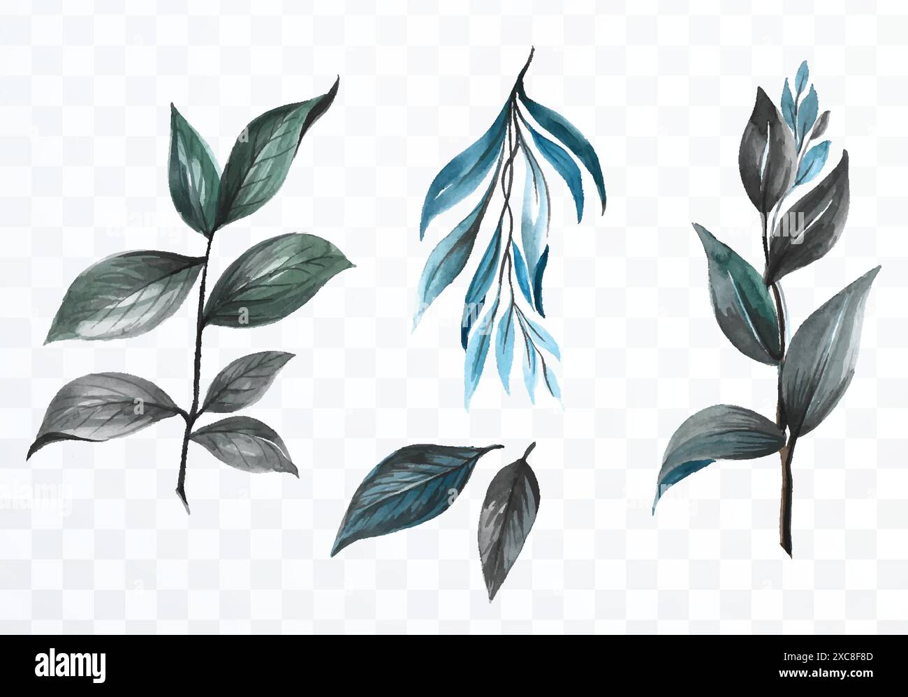 Set of various watercolor leaf on transparent background Stock Vector