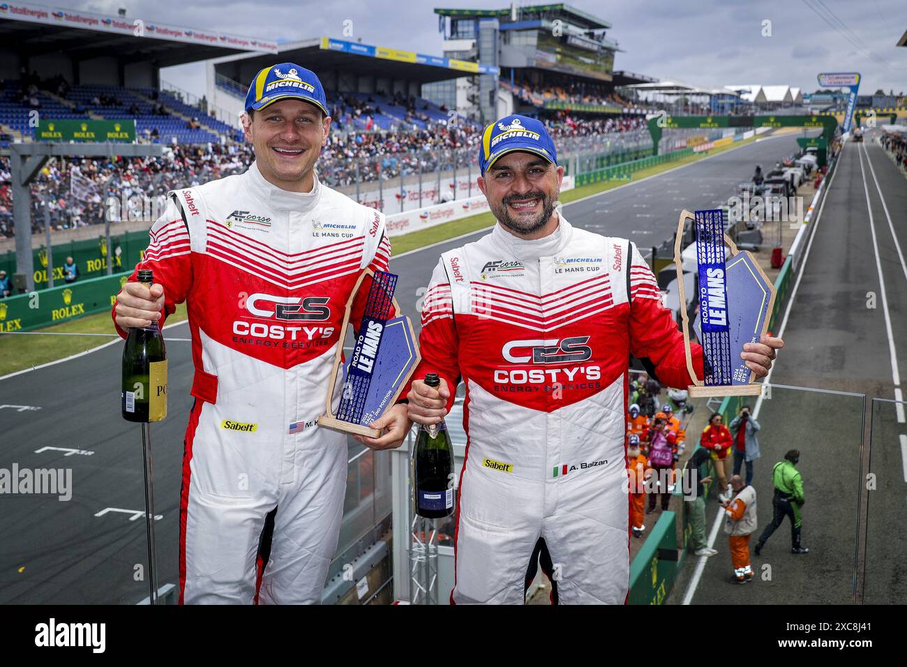 51 KURZEJEWSKI Matthew (usa), BALZAN Alessandro (ita), AF Corse, Ferrari 296 GT3, GT3, #51, portrait podium during the Road to Le Mans 2024, 3rd round of the 2024 Michelin Le Mans Cup, on the Circuit des 24 Heures du Mans, from June 12 to 15, 2024 in Le Mans, France Stock Photo