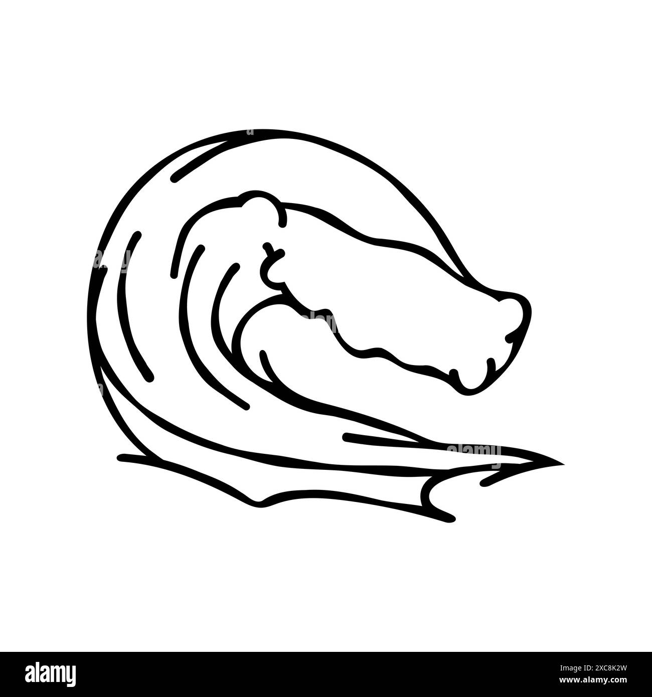 Wave crest in doodle style. Ocean surf, tide, splashes of water. Natural marine design elements drawn with black contour lines on a white background. Stock Vector