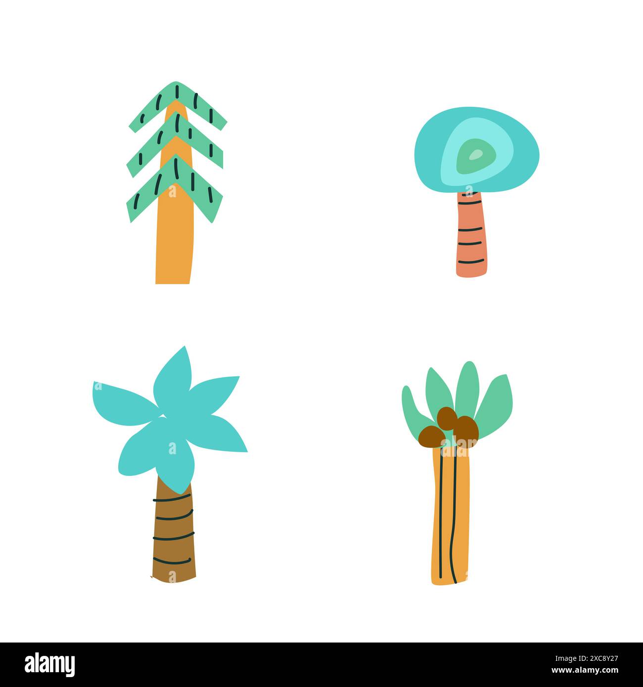 Cute childrens floral elements set. Tropical and scandinavian tree collection. Palms and christmas tree in childish style. Naive doodle floral set for Stock Vector