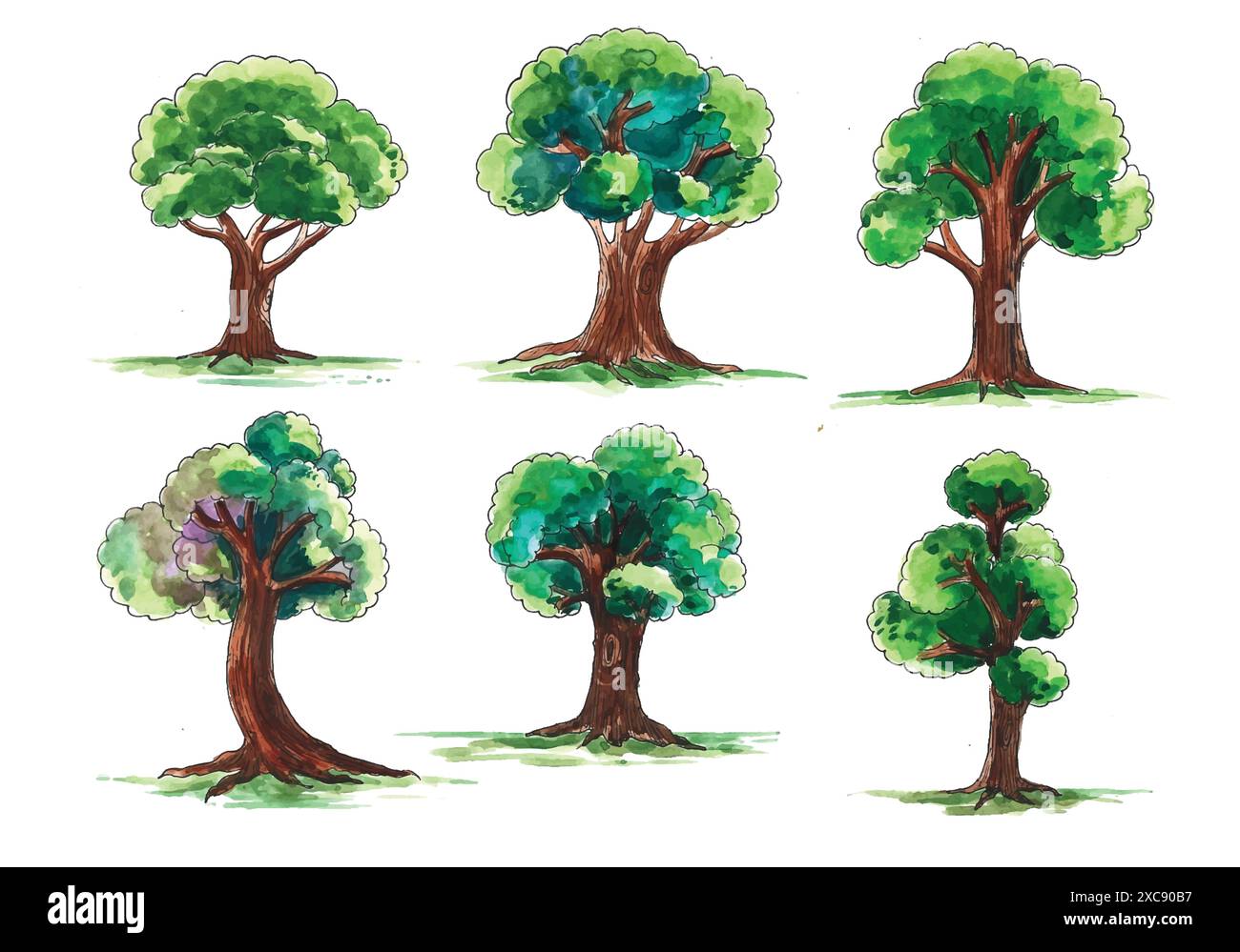 Set of various watercolor trees on white background Stock Vector