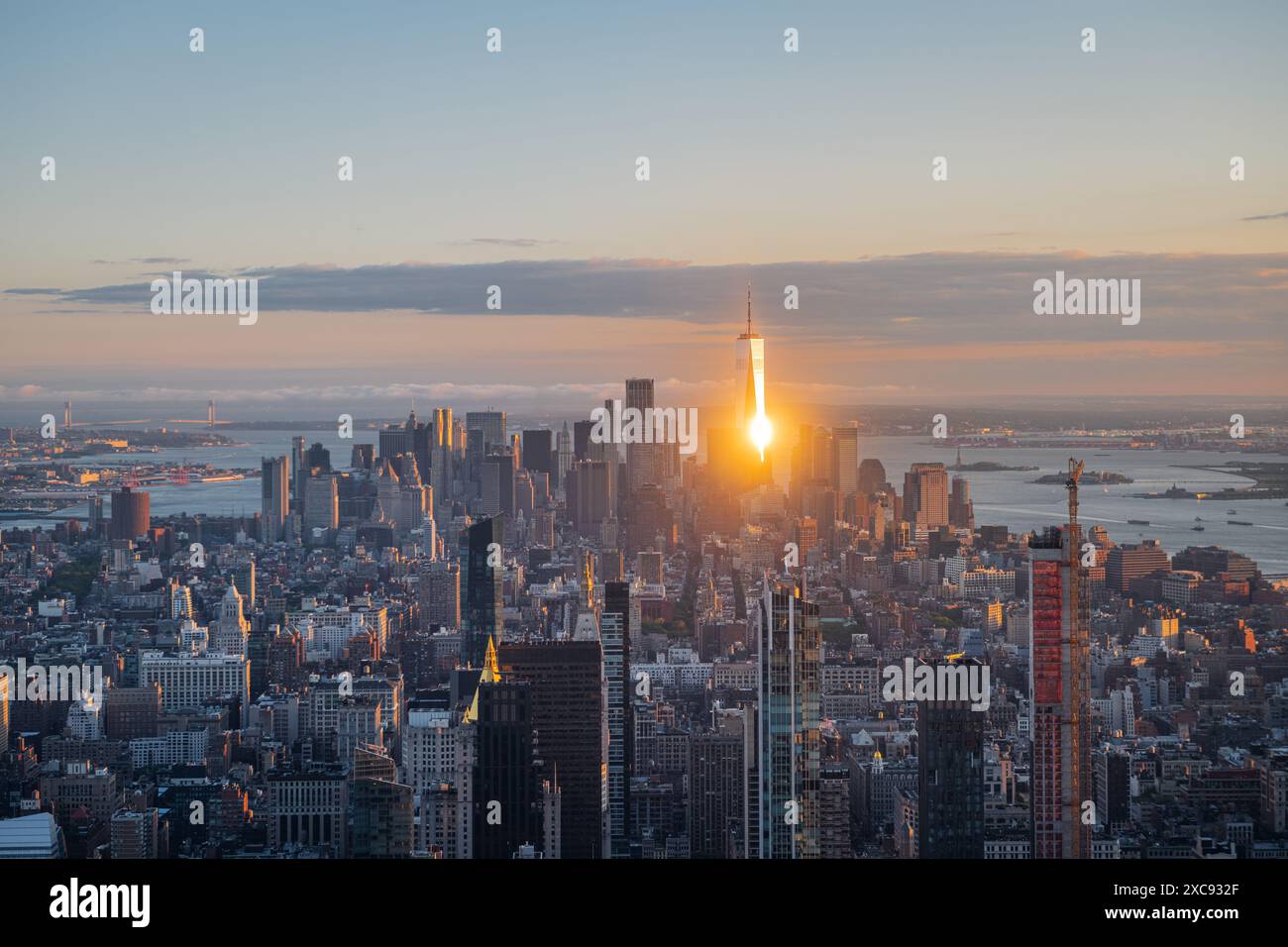 Aerial view of downtown Manhattan at dusk, New York City Stock Photo ...
