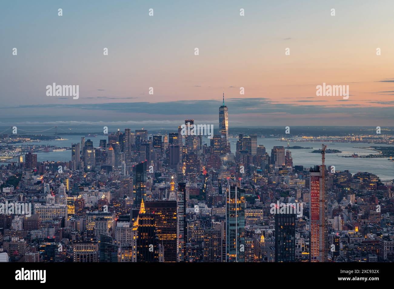 Aerial view of downtown Manhattan at dusk, New York City Stock Photo ...