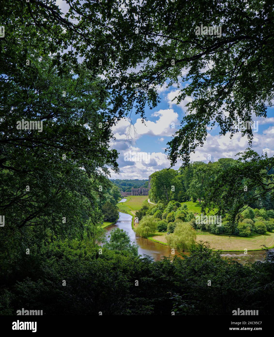 Fountains Abbey from a distance looking down the valley along the River ...