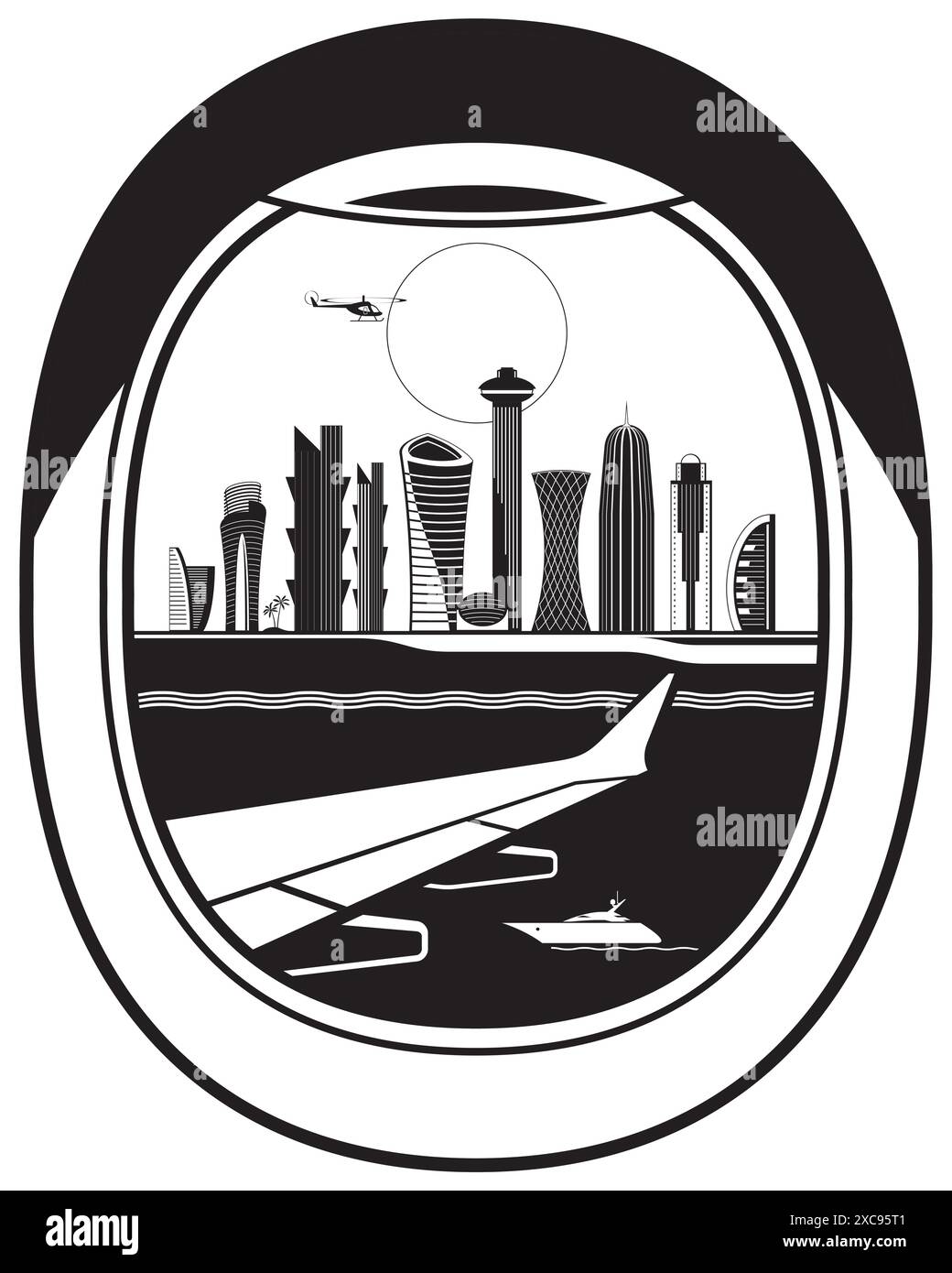 View from passenger aircraft to Doha – vector illustration Stock Vector