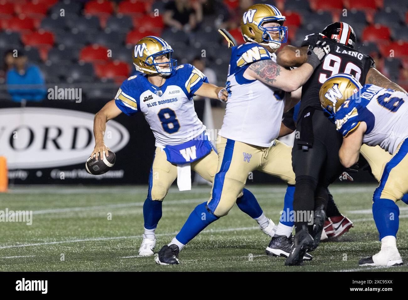 Ottawa, Canada. 13th June, 2024. Winnipeg Blue Bombers quarterback Zach