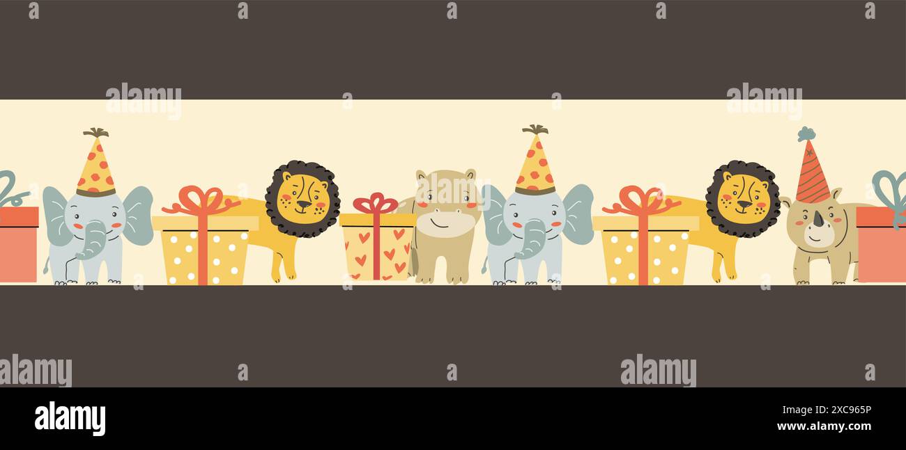 Childrens animals background, cute african jungle and tropical animal border for textile, cover, wrapping paper. Celebration animals border for birthd Stock Vector