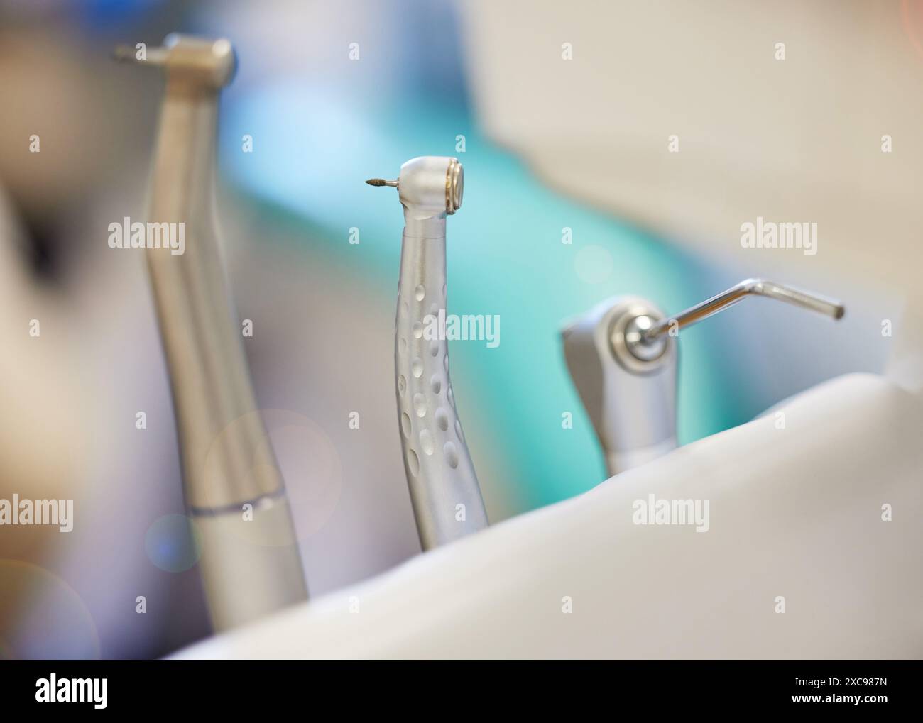 Closeup, steel and dental tools for healthcare with excavator and ...