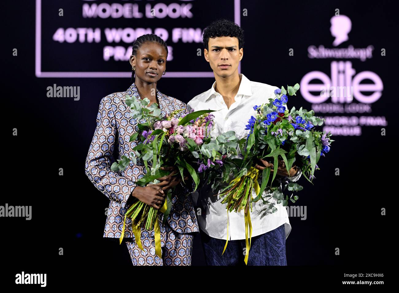 Prague, Czech Republic. 15th June, 2024. Winners Micklate Deci of Mozambique, left, and Imade Darouache of Italy after world final of competition Schwarzkopf Elite Model Look in Prague, Czech Republic, June 15, 2024. Credit: Katerina Sulova/CTK Photo/Alamy Live News Stock Photo