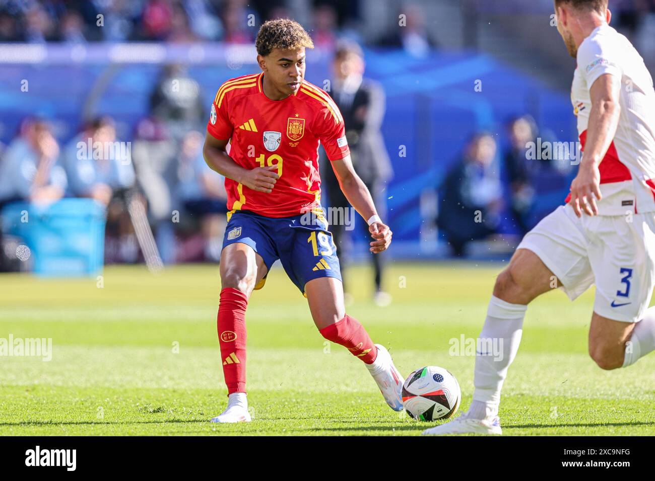 BERLIN, GERMANY - JUNE 15: Lamine Yamal of Spain dribbles during the