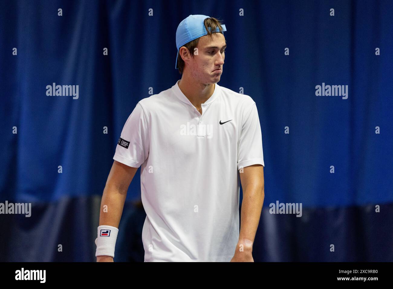 Ilkley, United Kingdom, 15 June 2024, Tomas Barrios Vera VS Oliver Bonding Qualifying Match at the Ilkley Lawn Tennis and Squash Club, credit Aaron Badkin/Alamy Live News. Stock Photo