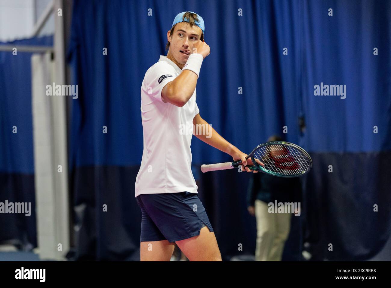 Ilkley, United Kingdom, 15 June 2024, Tomas Barrios Vera VS Oliver Bonding Qualifying Match at the Ilkley Lawn Tennis and Squash Club, credit Aaron Badkin/Alamy Live News. Stock Photo