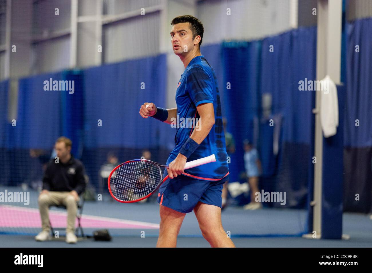 Ilkley, United Kingdom, 15 June 2024, Tomas Barrios Vera VS Oliver Bonding Qualifying Match at the Ilkley Lawn Tennis and Squash Club, credit Aaron Badkin/Alamy Live News. Stock Photo