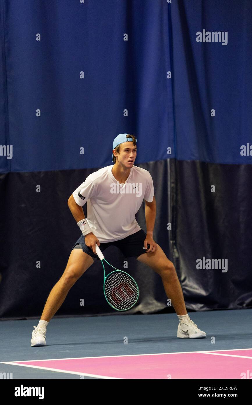 Ilkley, United Kingdom, 15 June 2024, Tomas Barrios Vera VS Oliver Bonding Qualifying Match at the Ilkley Lawn Tennis and Squash Club, credit Aaron Badkin/Alamy Live News. Stock Photo