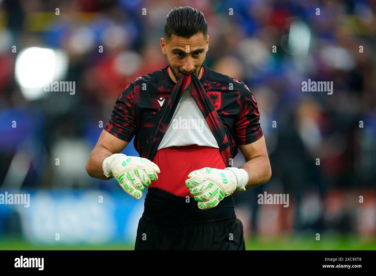 Dortmund, Germany. 15th June, 2024. Thomas Strakosha of Albania during the UEFA Euro 2024 match between Italy and Albania, Group B, date 1, played at BVB Stadion on June 15, 2024 in Dortmund, Germany. (Photo by Sergio Ruiz/PRESSINPHOTO) Credit: PRESSINPHOTO SPORTS AGENCY/Alamy Live News Stock Photo