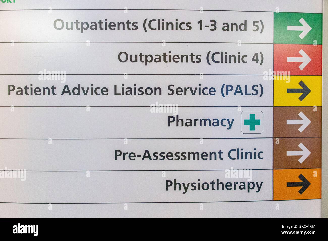 Signs in an NHS hospital directions outpatients, physiotherapy, pharmacy, patients liason service. Stock Photo