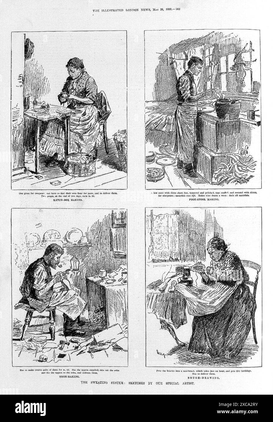 A series of four pen and ink drawings from the Illustrated London News, 1888, depicting women working in various industries. The images showcase a woman sewing, a woman preparing food, a woman making hats, and a woman working on a sewing machine. These illustrations offer a glimpse into the lives of working women in Victorian London. Stock Photo