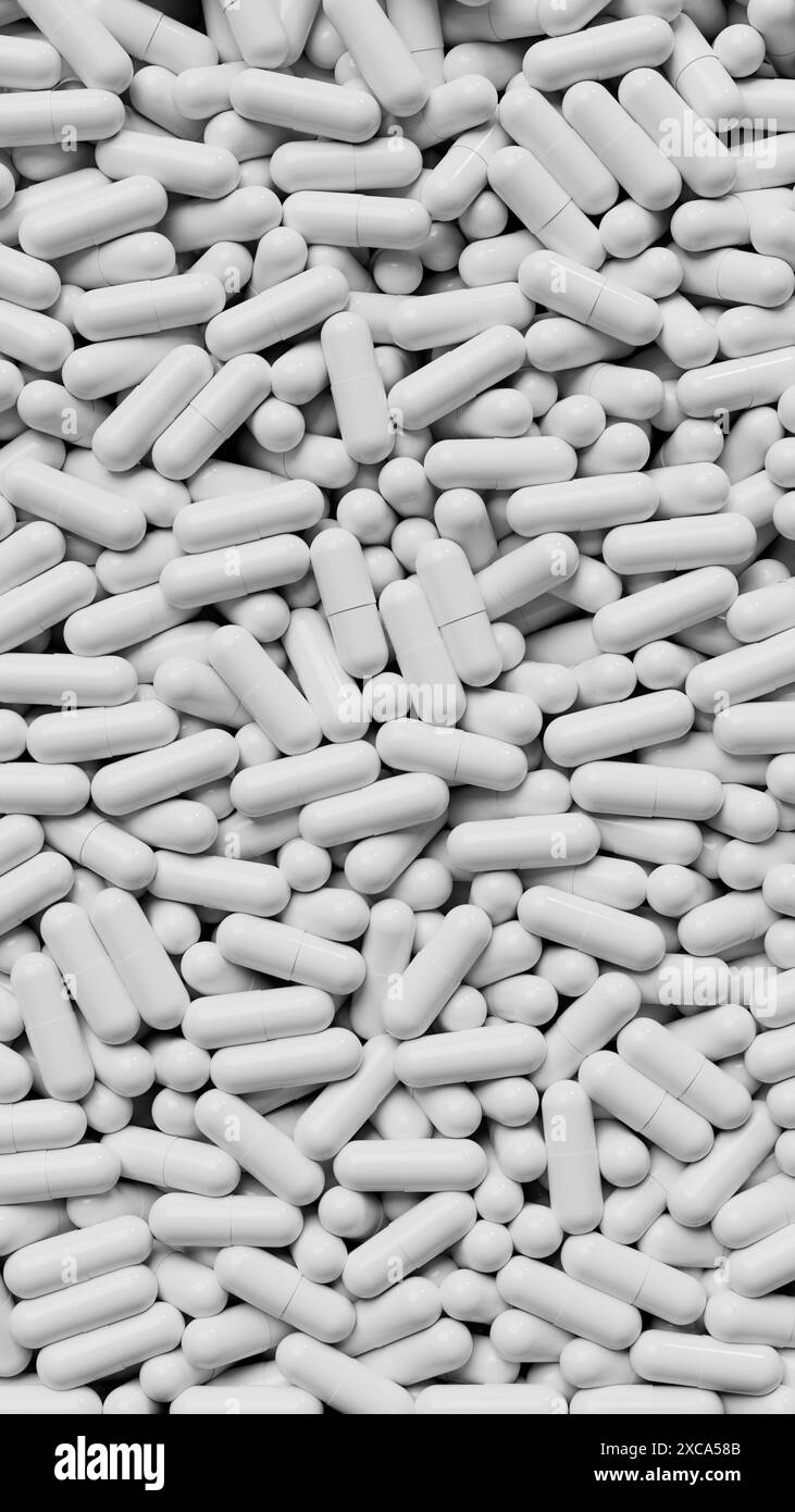 Many white pills fill screen area, tablet background. Medicine capsules ...