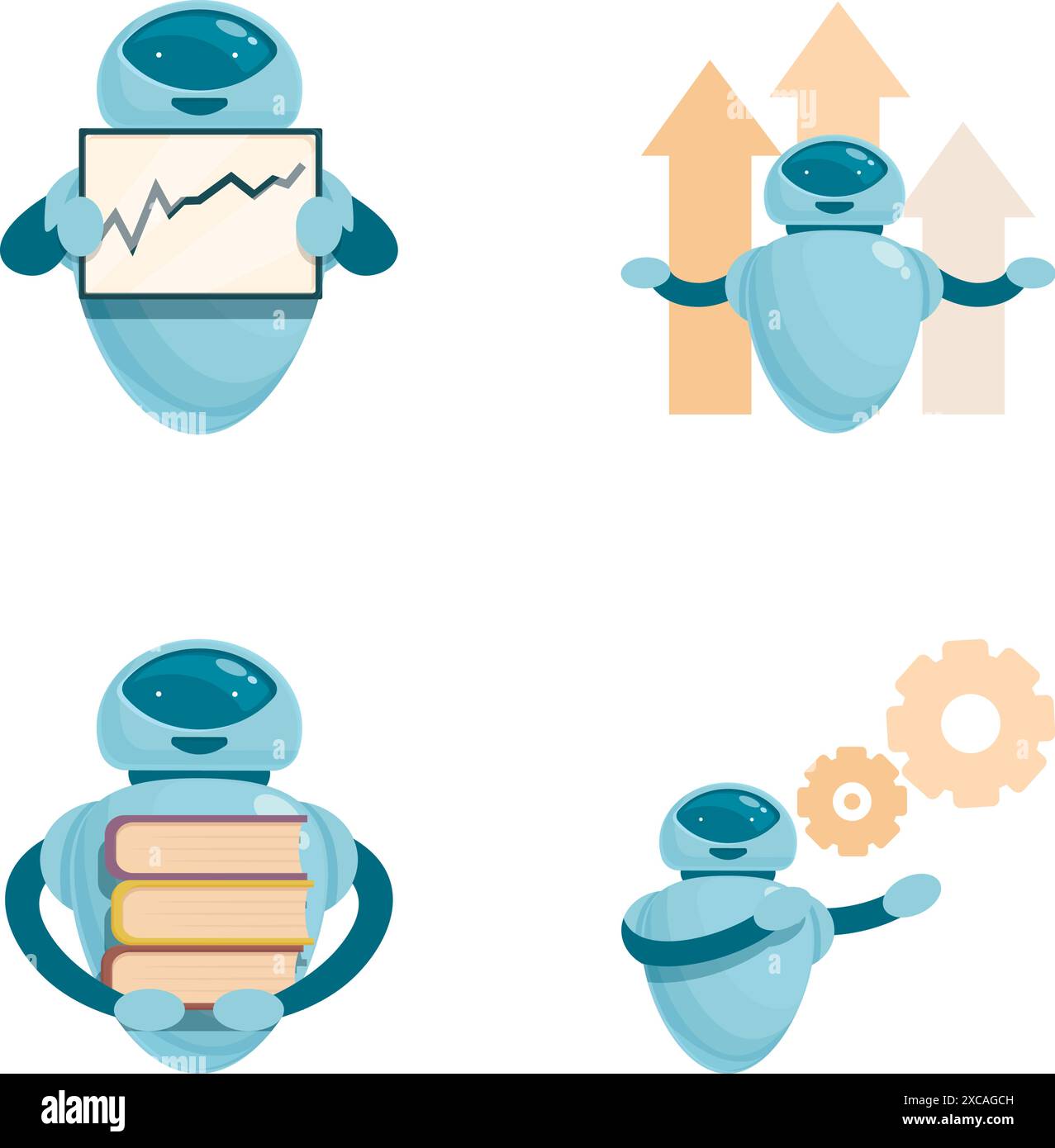 Collection of four friendly robots performing various tasks, perfect for technology themes Stock Vector
