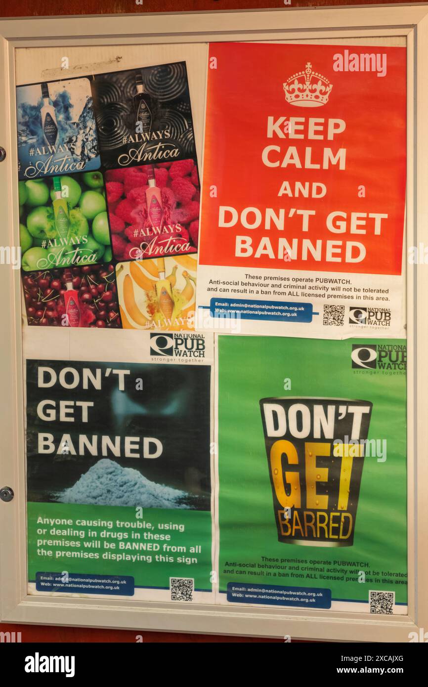 England, Kent, Folkestone, High Street, Party Bar Anti-social 'Don't Get Banned' Signs Stock Photo