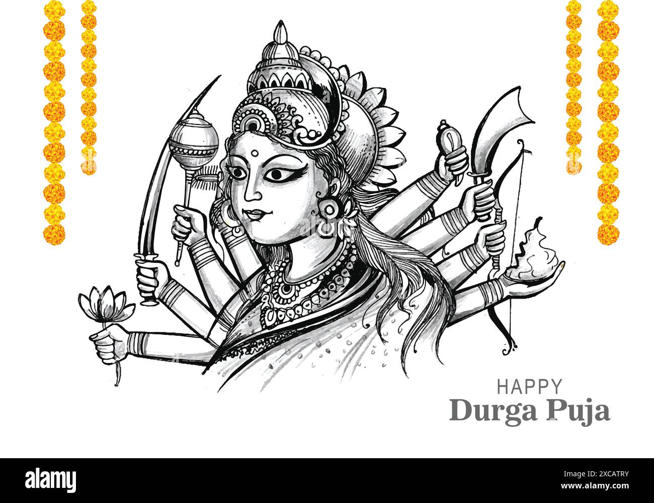 Hand draw happy durga puja festival indian holiday sketch background