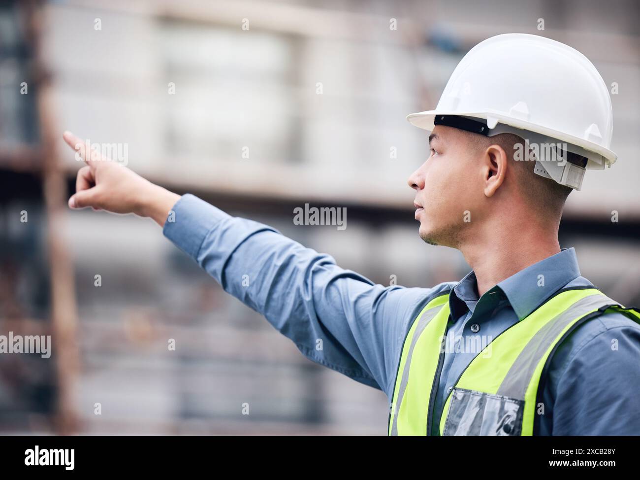 City, man and architect pointing to construction site for real estate ...