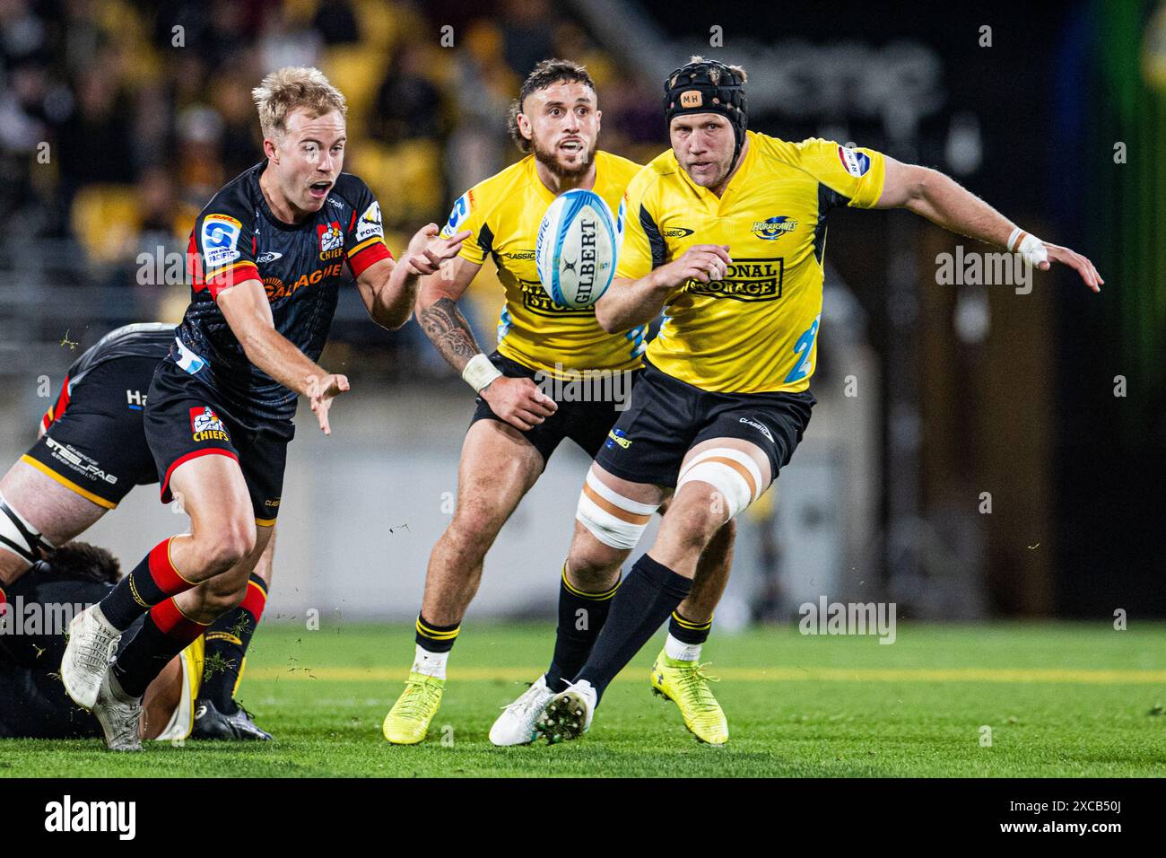 Wellington, New Zealand, 15 June, 2024. Xavier Roe of the Chiefs passes ...