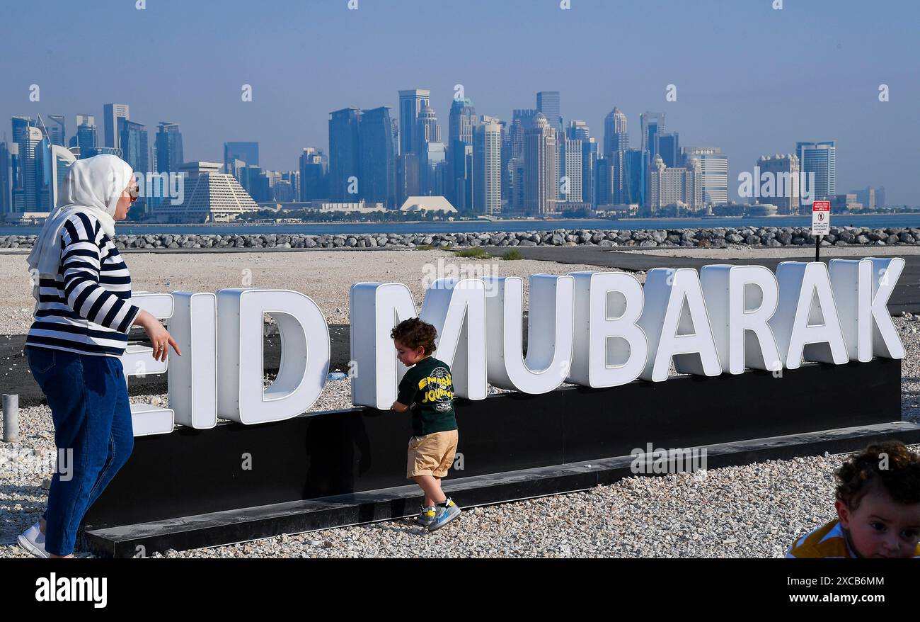 EID ALADHA PRAYER 2024 DOHA Eid Mubarak decorations are displayed at