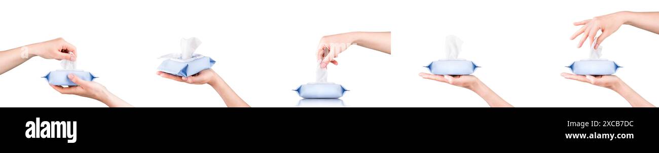 Using Hand Wipes Woman hand use antibacterial wet wipes or tissue isolated on a white ...