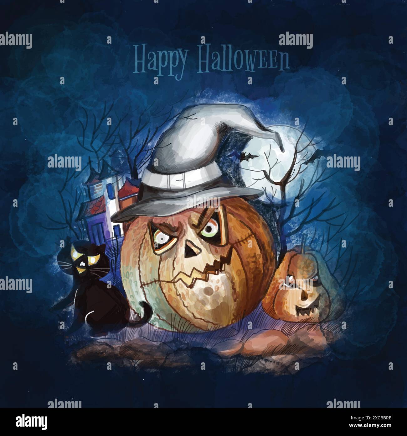 Halloween night background pumpkins and dark castle design Stock Vector ...