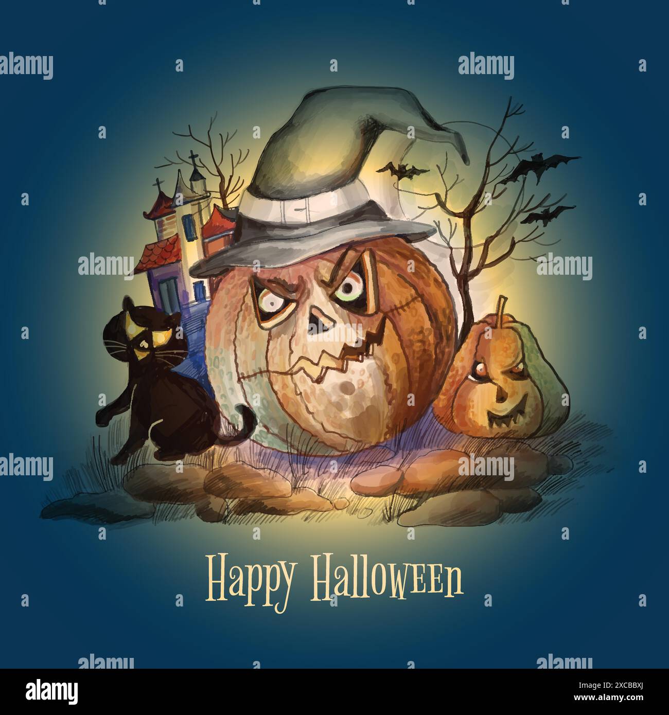 Halloween night background pumpkins and dark castle design Stock Vector ...