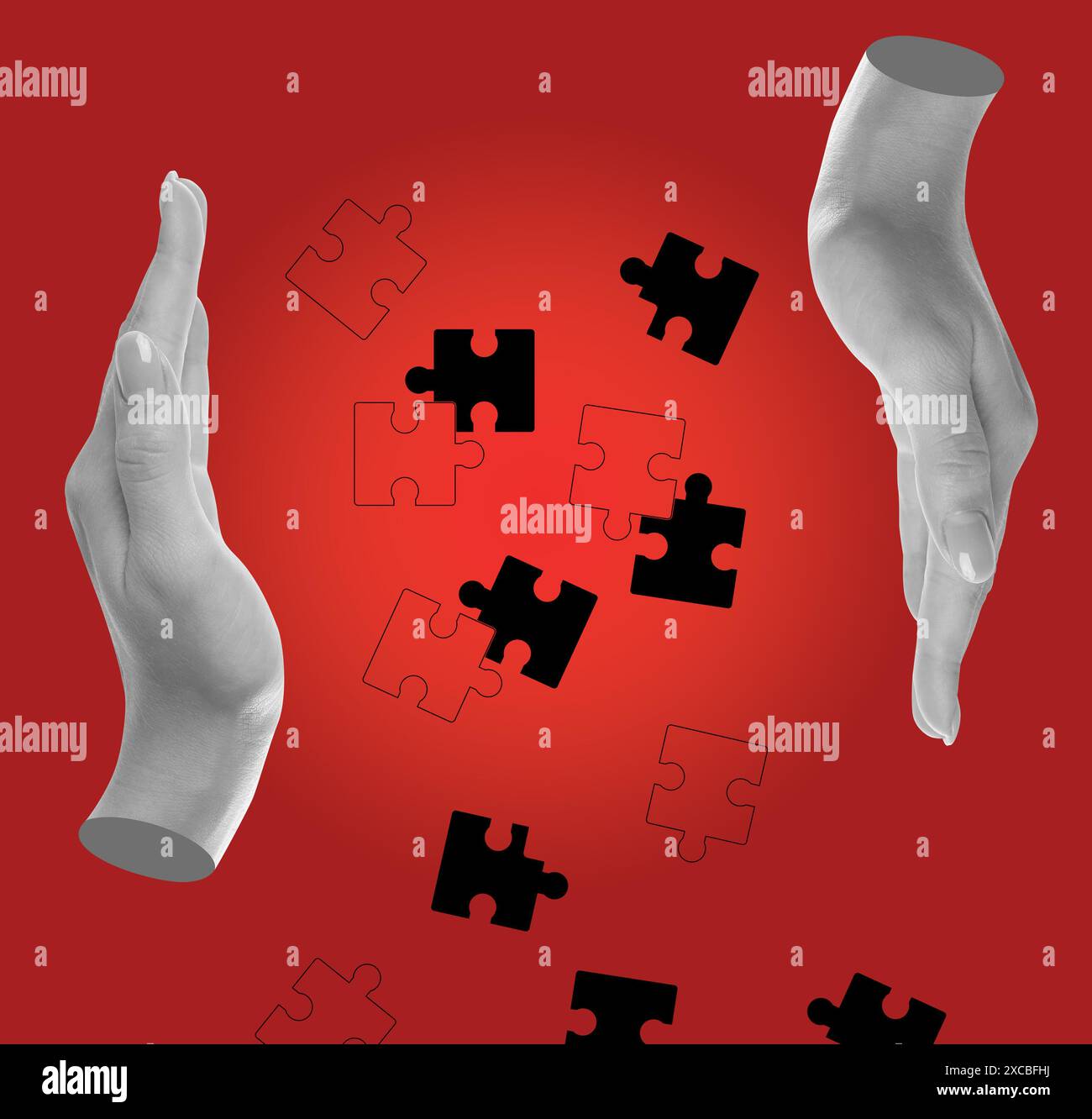 Female hands and jigsaw puzzle pieces on red background, creative art ...
