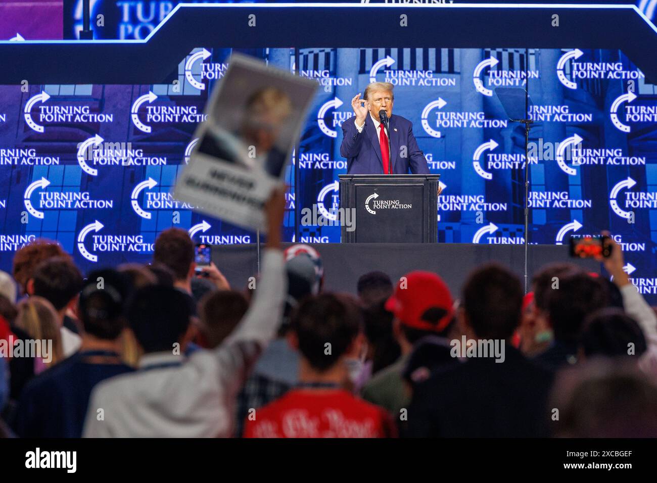 Former President Donald Trump speaks at a Turning Point Action ...