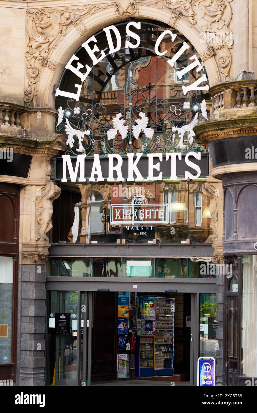 Leeds England 2nd Jun 2024 Leeds Kirkgate Market exterior building on Sunny Day. Vicar Lane in