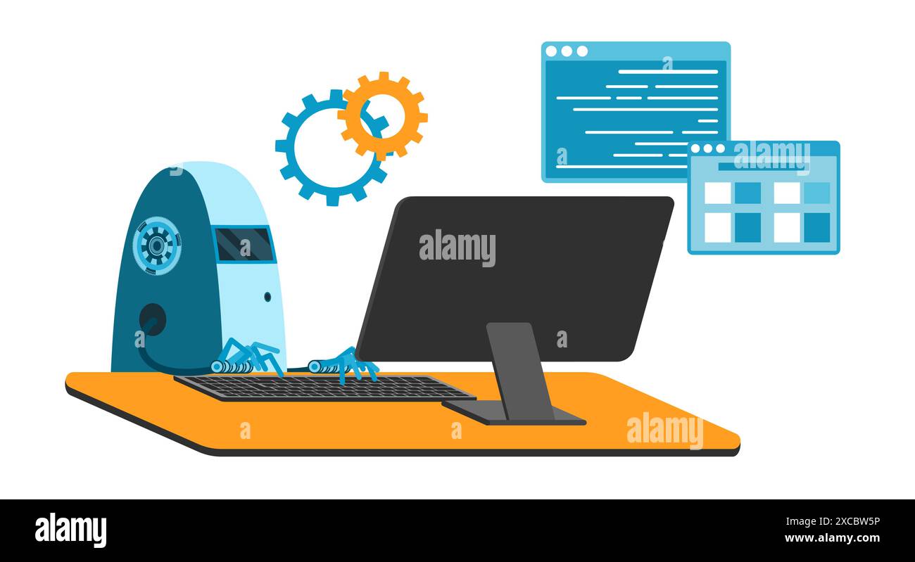 Cute robot at table using keyboard to type and working cartoon vector illustration. Automated work of software, automation of business project development, futuristic machine learning process isolated Stock Vector