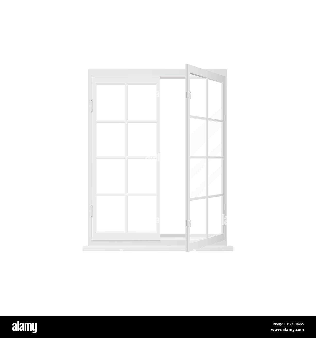 3D window with white frame, clear glass and one open sash on hinges ...