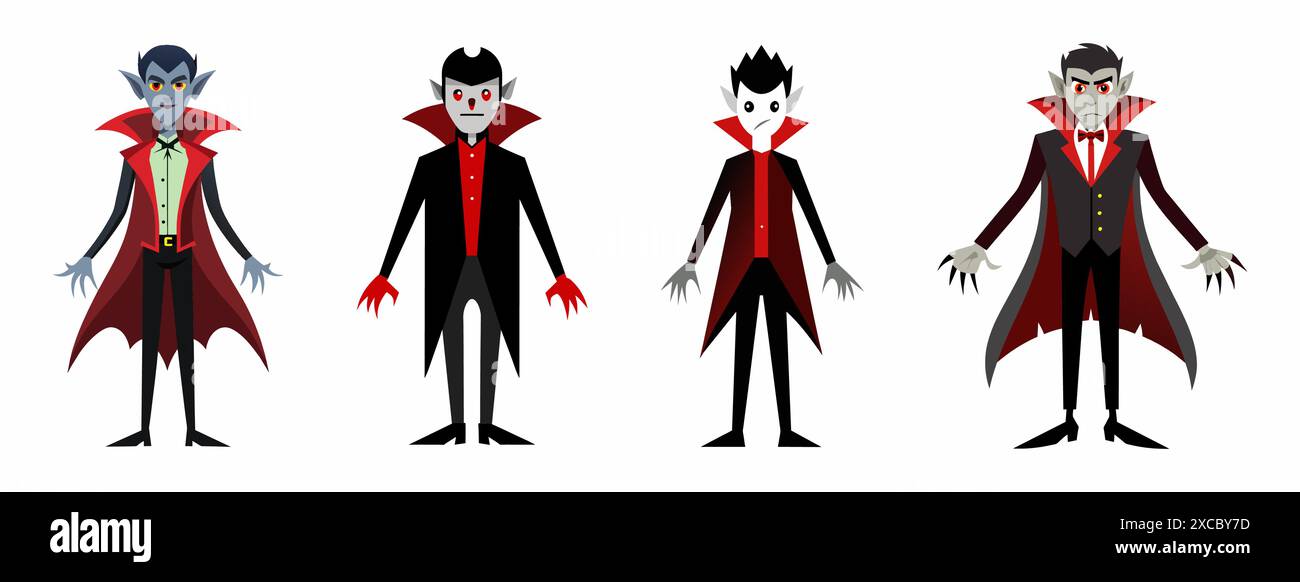Set of cartoon vampires with red capes and fangs, isolated on a white ...