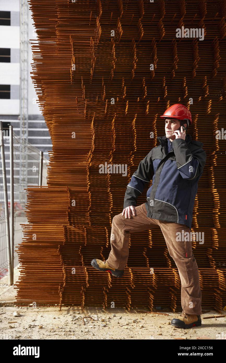 Architect, corrugated iron for formwork, housing construction Stock Photo
